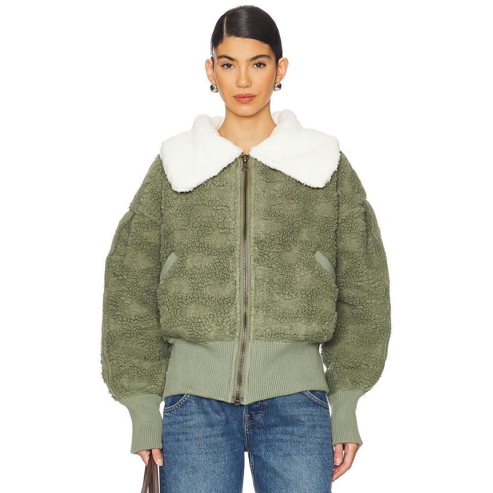 Free People Women's Green White Cozy Up Fleece Faux Fur Cardigan Jacket XL NWOT - Picture 2 of 9
